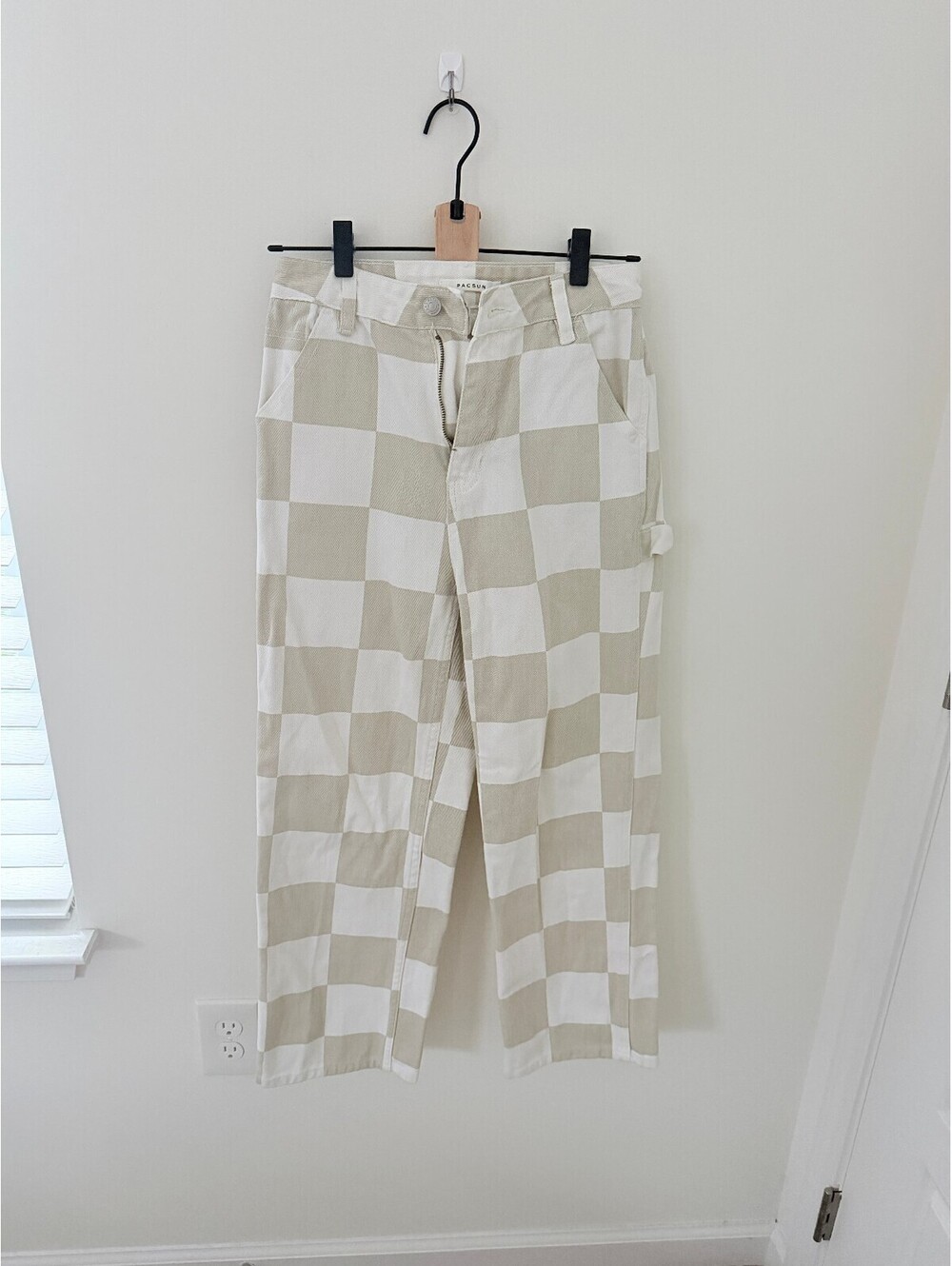 PacSun Size 25 Beige White Checkerboard Carpenter Pants Y2K Utility Straight Leg